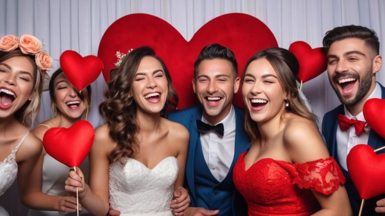 Photo Heart-shaped wedding photobooth, guests laughing with props, stylish décor, joyful celebration