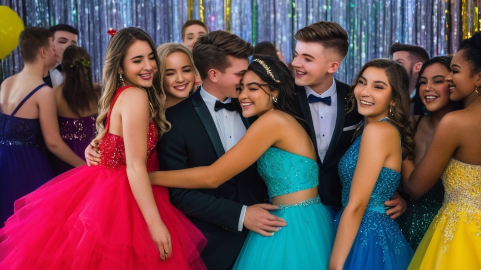 Photo Group of friends at prom night, arms around each other, dressed up, vibrant atmosphere, celebration vibe