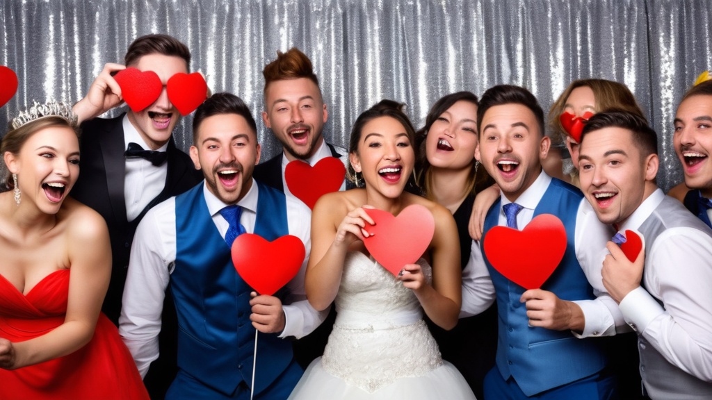 Photo Wedding party group photo, heart-shaped photobooth, laughter and celebration, candid energy