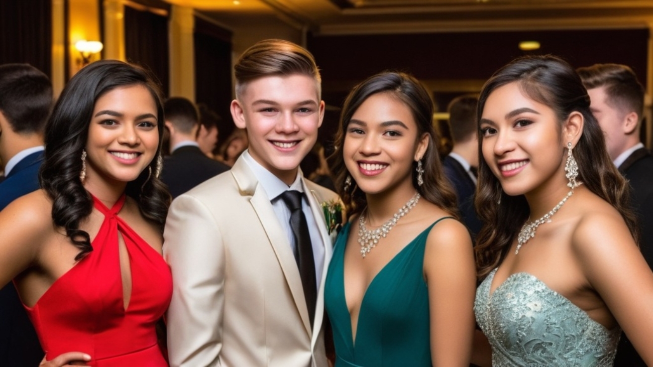 Photo Formal prom photography, teachers and students mingling, natural candid shots, evening ambience