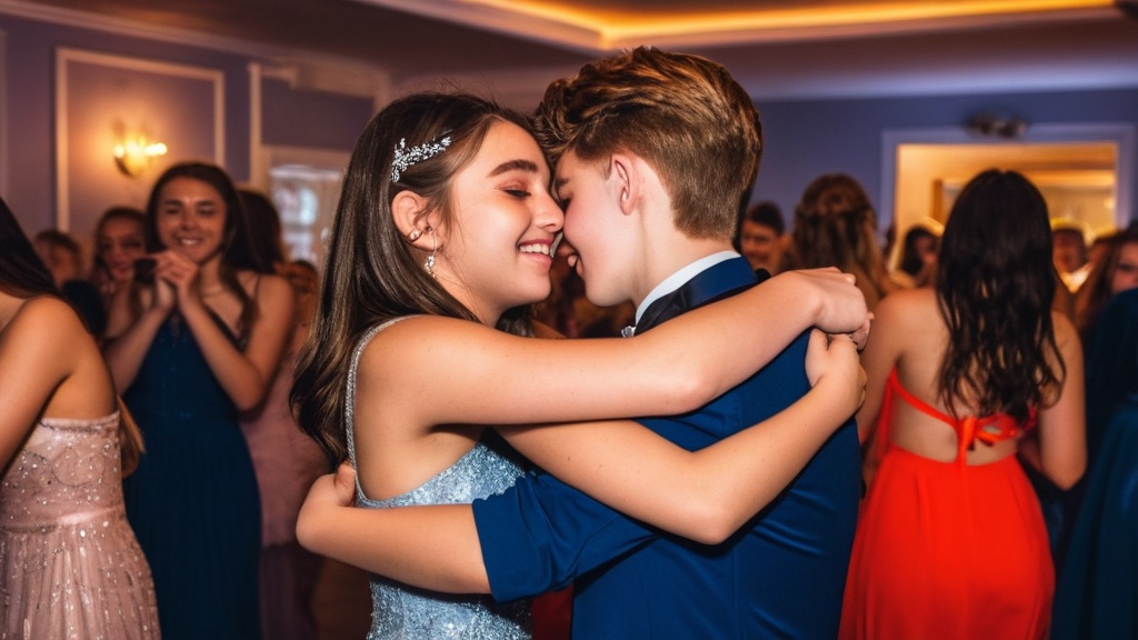 Photo Leavers prom celebration, emotional moments, friends hugging, end-of-school milestone, warm lighting
