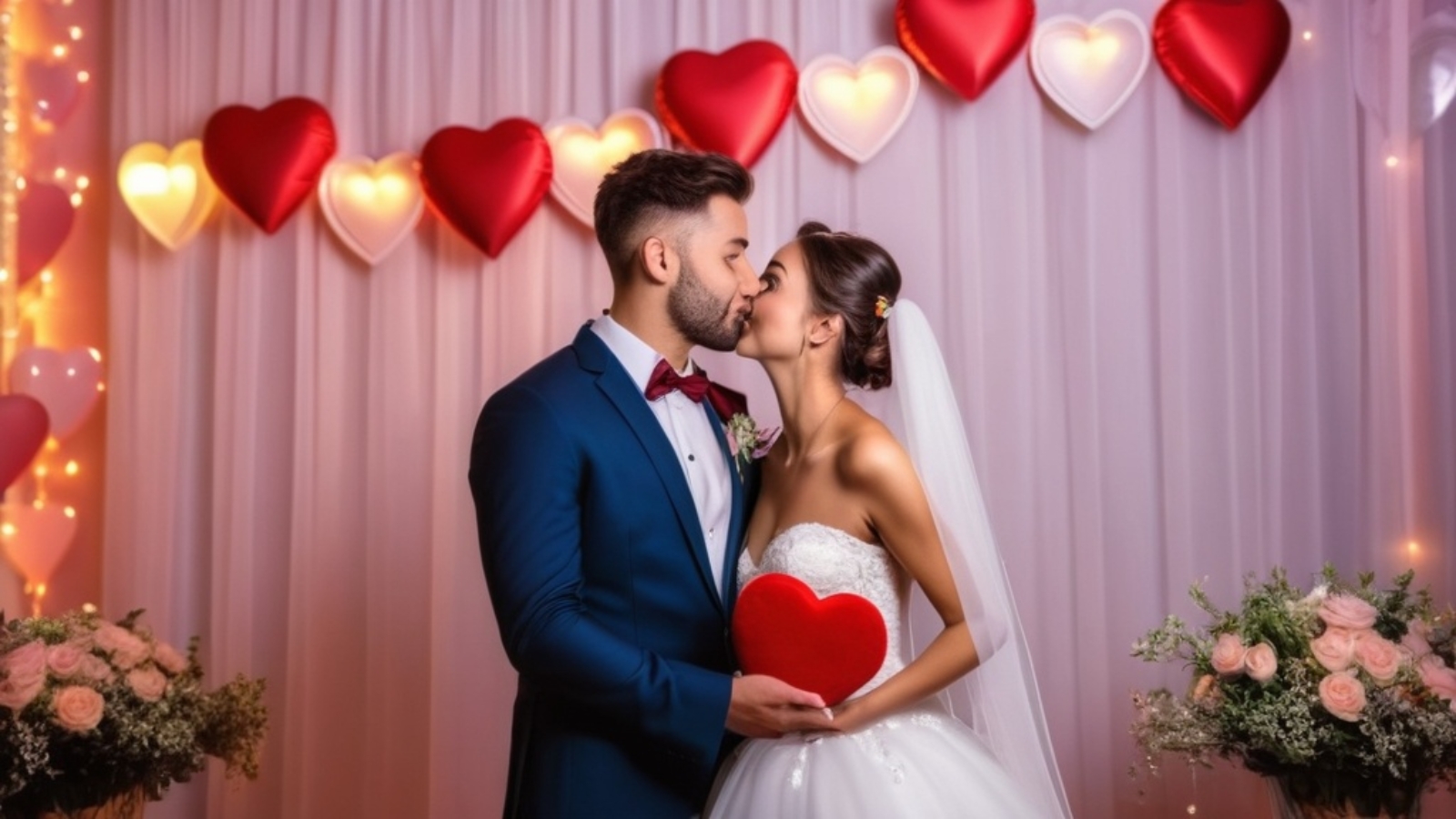 Photo Elegant wedding reception, heart-shaped photobooth, bride and groom posing together, romantic lighting