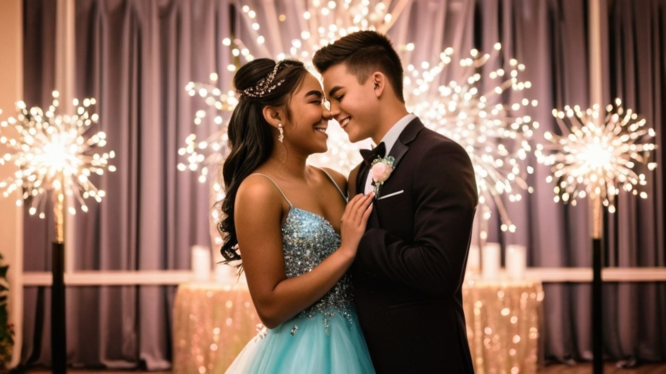 Photo Professional prom photographer capturing couples, soft flash lighting, candid joyful moments, modern school prom