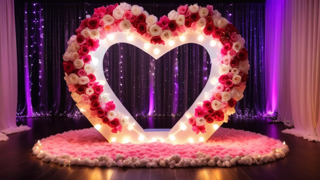 Photo Luxury wedding venue, heart-shaped photo booth centerpiece, soft fairy lights, timeless romance