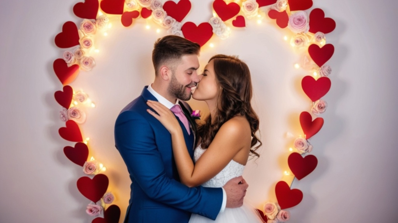 Photo Bride and groom using heart-shaped photobooth, intimate moment, warm tones, premium wedding photography