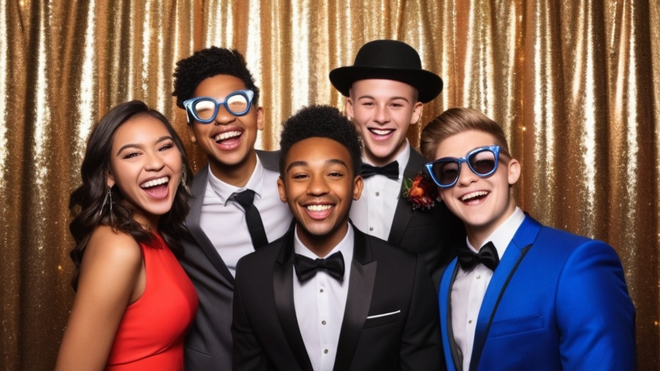 Photo Stylish prom photobooth setup, glamorous backdrop, fun props, students laughing, high-quality event photography