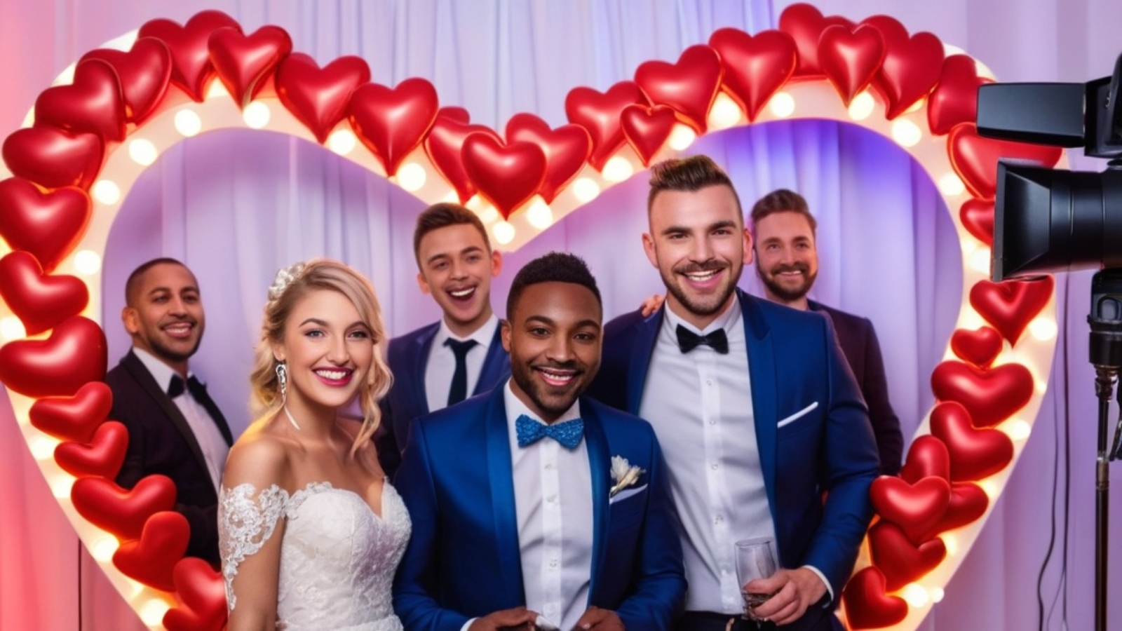 Photo Wedding guests queuing at heart-shaped photobooth, fun atmosphere, modern reception styling