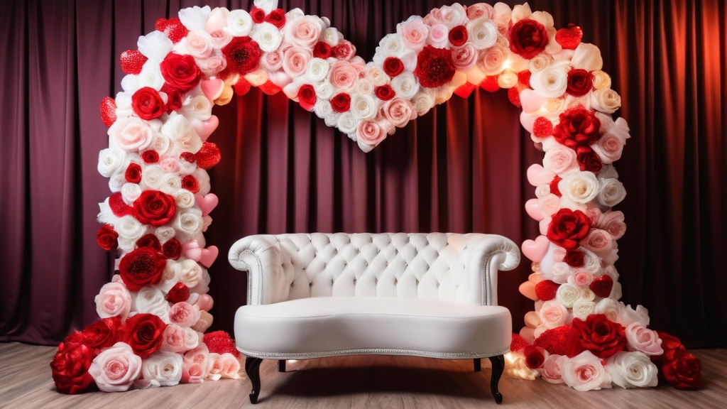 Photo Heart-shaped wedding photo booth with instant prints, personalised wedding backdrop, elegant setup