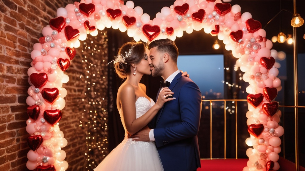 Photo Romantic wedding evening, heart-shaped photobooth glowing, champagne vibes, unforgettable experience