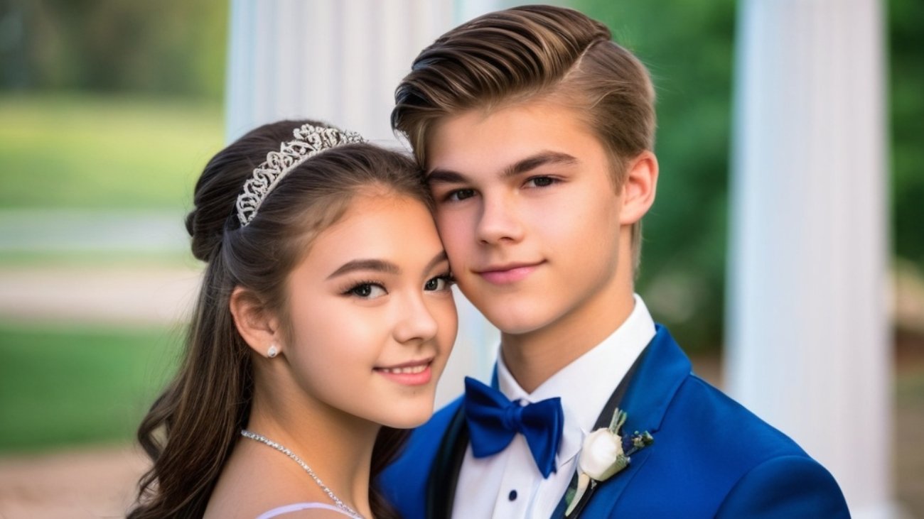 Photo Teen prom couple portrait, romantic pose, elegant styling, shallow depth of field, timeless look