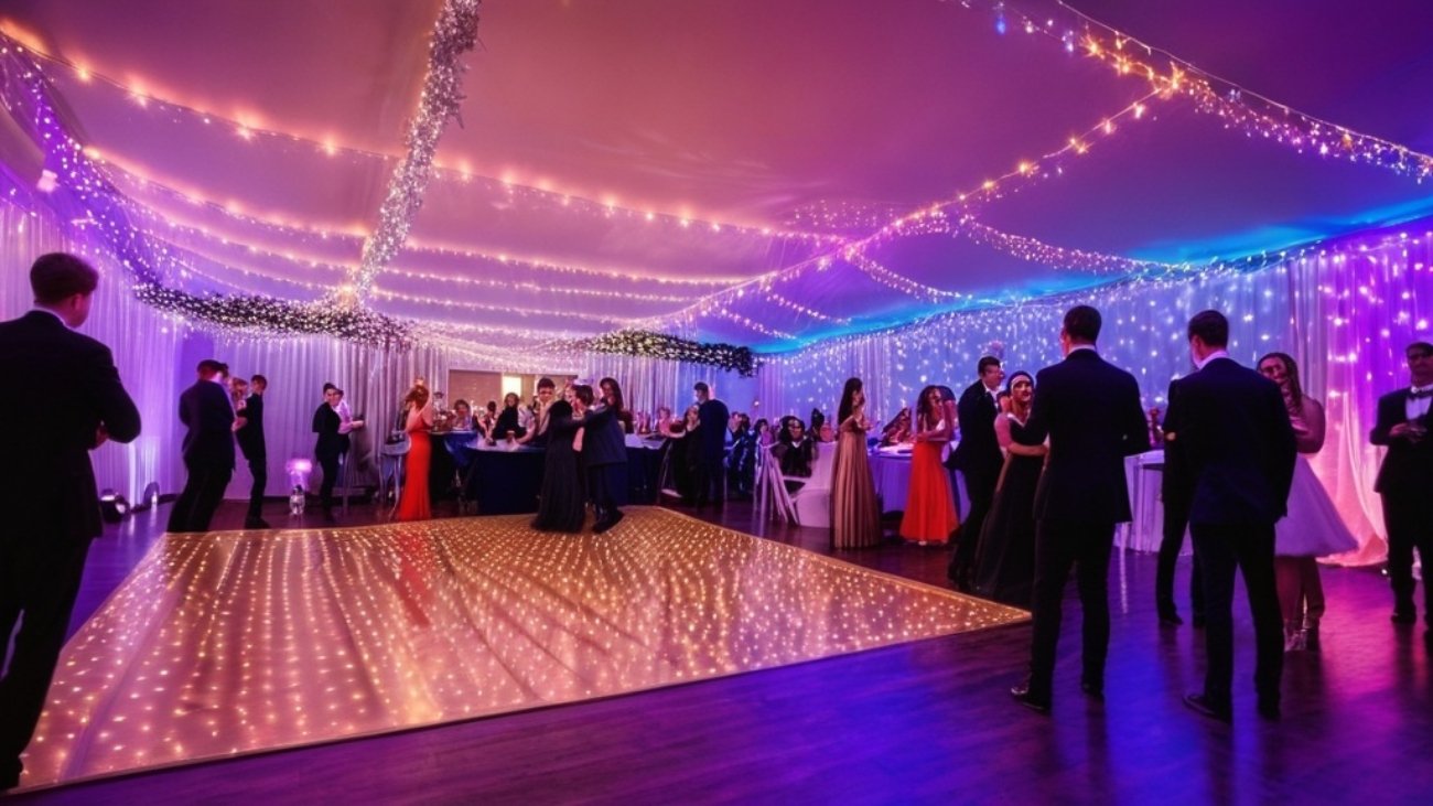 Photo Modern school prom venue in the UK, fairy lights, dance floor, professional event photography