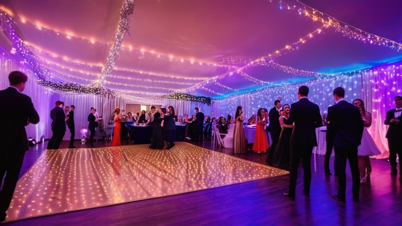 Photo Modern school prom venue in the UK, fairy lights, dance floor, professional event photography